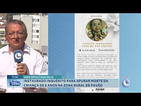 Será sepultada hoje: Inquérito apura morte de criança de 6 anos em Pavão.