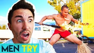 Men Try Fire Knife Dance VS The Pro - First Time Dancing With Fire