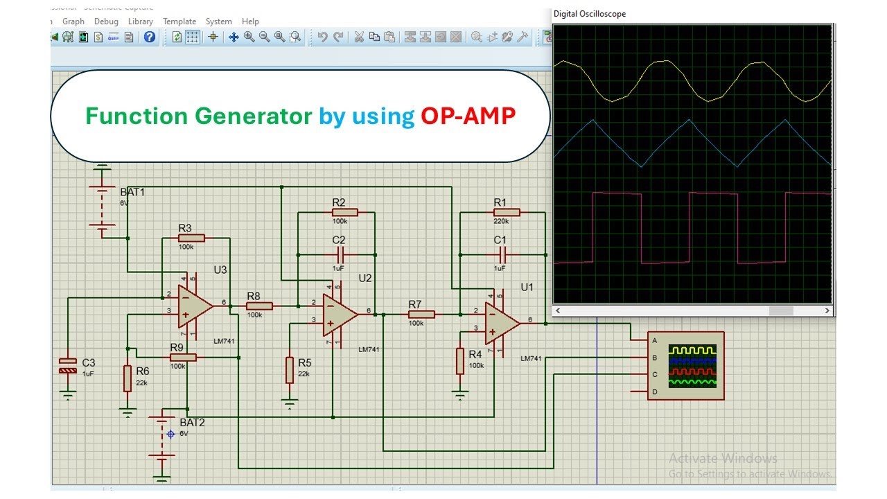 Function Generator using OP-AMP | Sine, Triangular and Square wave generator | Proteus Simulation