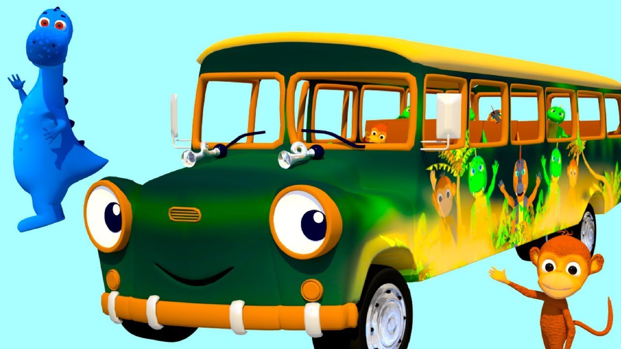 WHEELS ON THE BUS GO ROUND AND ROUND ALL THRU THE JUNGLE NURSERY RHYME WITH JUNGLE BUS