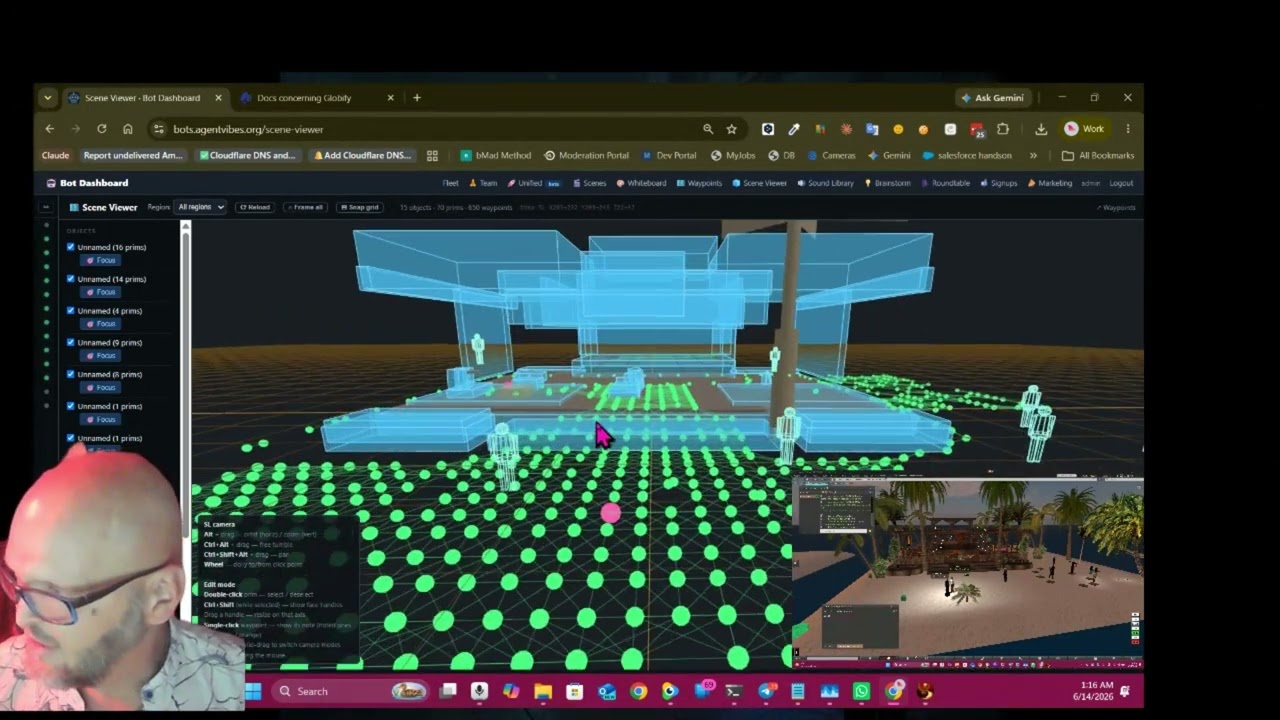 Digital twin of a Second Life sim with A* pathfinding and waypoint graph in the bot dashboard