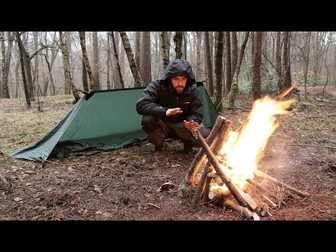 Solo Overnight Camp - Stealth Tarp, Winter Camping in Cold Rain, 100 Year Old Tools.