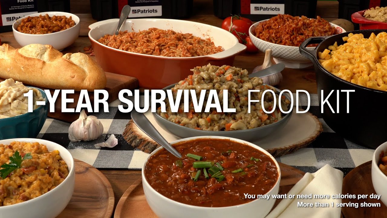 4Patriots 1-Year Survival Food Kit Recipes shown preparedat the table, their easy to store storage totes, and adults and children alike enjoying their survival meals. 