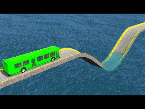 Impossible Wave Bridge Crossing Cars Vs Deep Water Rescue - BeamNG.Drive