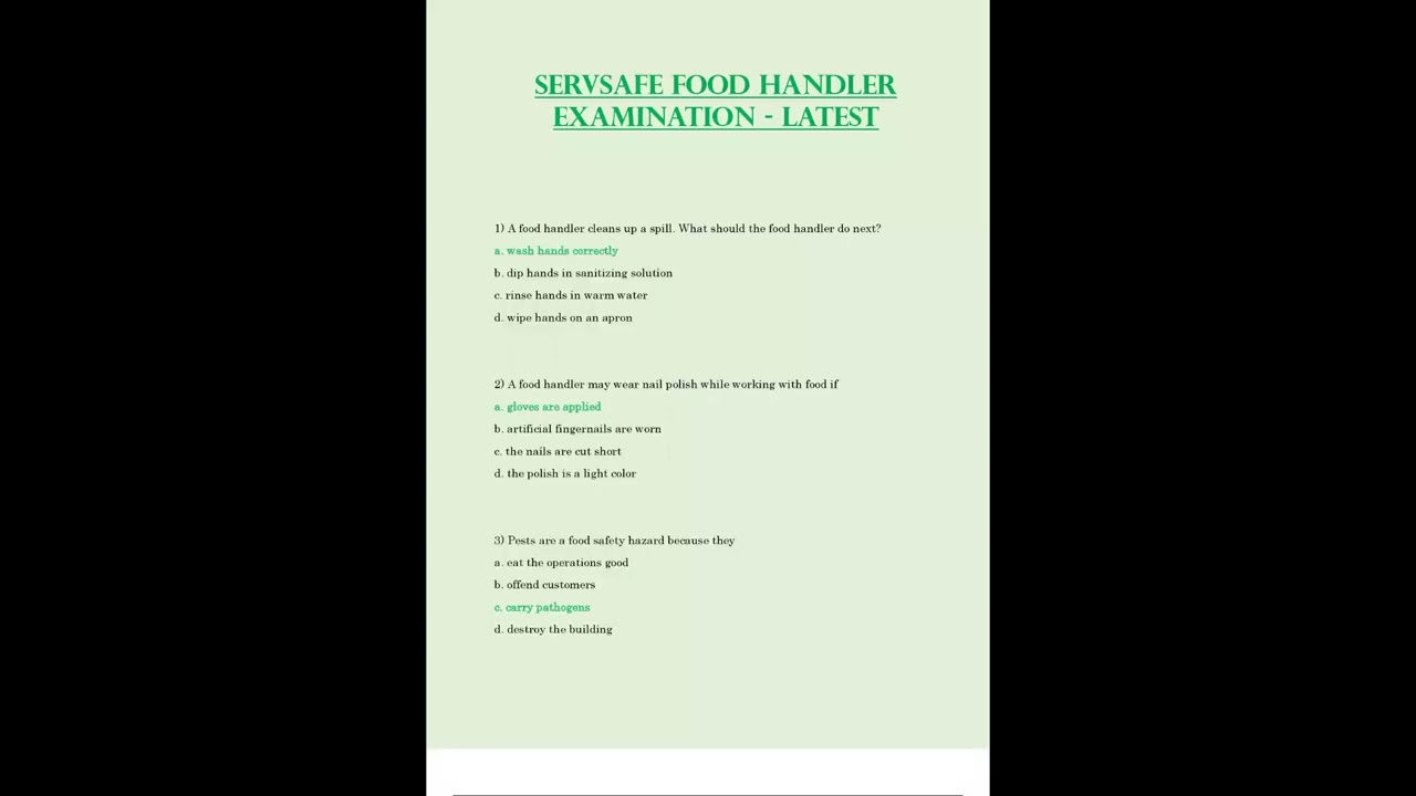SERVSAFE FOOD HANDLER EXAMINATION LATEST 2023/2024