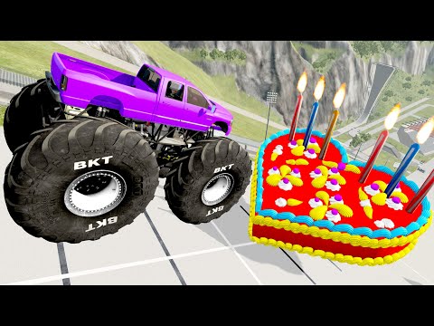Cars With Incredible Suspension & Wheels Jumping Over Giant Birthday Cake With Candles -BeamNG Drive