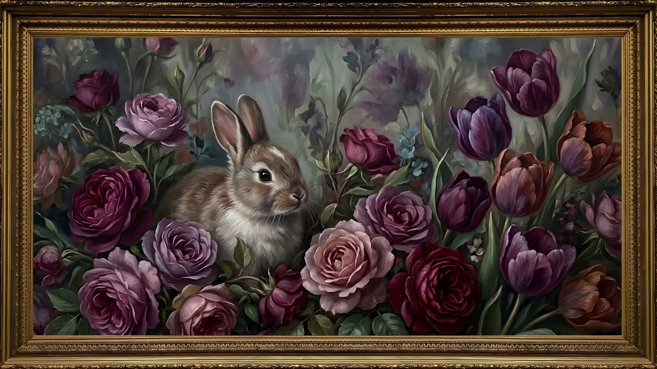 Moody Floral Garden - Bunny & Roses Gold Frame TV Art | 2 Hours 4K with Music — 4K ambient art screensaver in baroque gold frame