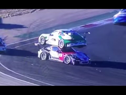 Crazy Crash at Porsche Cup Navarra 2015 Race --  one car ON TOP of another during race
