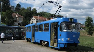 preview picture of video 'Croatia: Tatra T4YU single tram rounds the reversing loop at Dolje, Zagreb - Line 15'