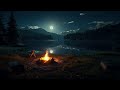 Cozy Campfire Ambient at Night forest beside the Lake with Nature Sounds, Cricket and Crackling Fire