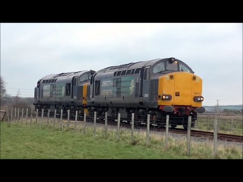 Class 37s shunting nuclear flasks at Valley, Anglesey + passing trains on the main line. 21-01-2015.