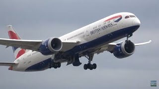 Close up heavy departures. London Heathrow before COVID lockdown.  Runway 27 Right.