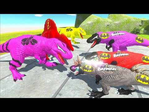 3x BATMAN T-REX vs 2X BUMBLEBEE T-REX vs FLASH SPINO DEATH CLIMB - Animal Revolt Battle Simulator