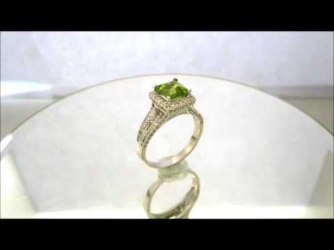 18K WHITE GOLD CUSHION CUT PERIDOT AND DIAMOND DECO ANTIQUE STYLE RING 2.75CTW - KNR INC - 443