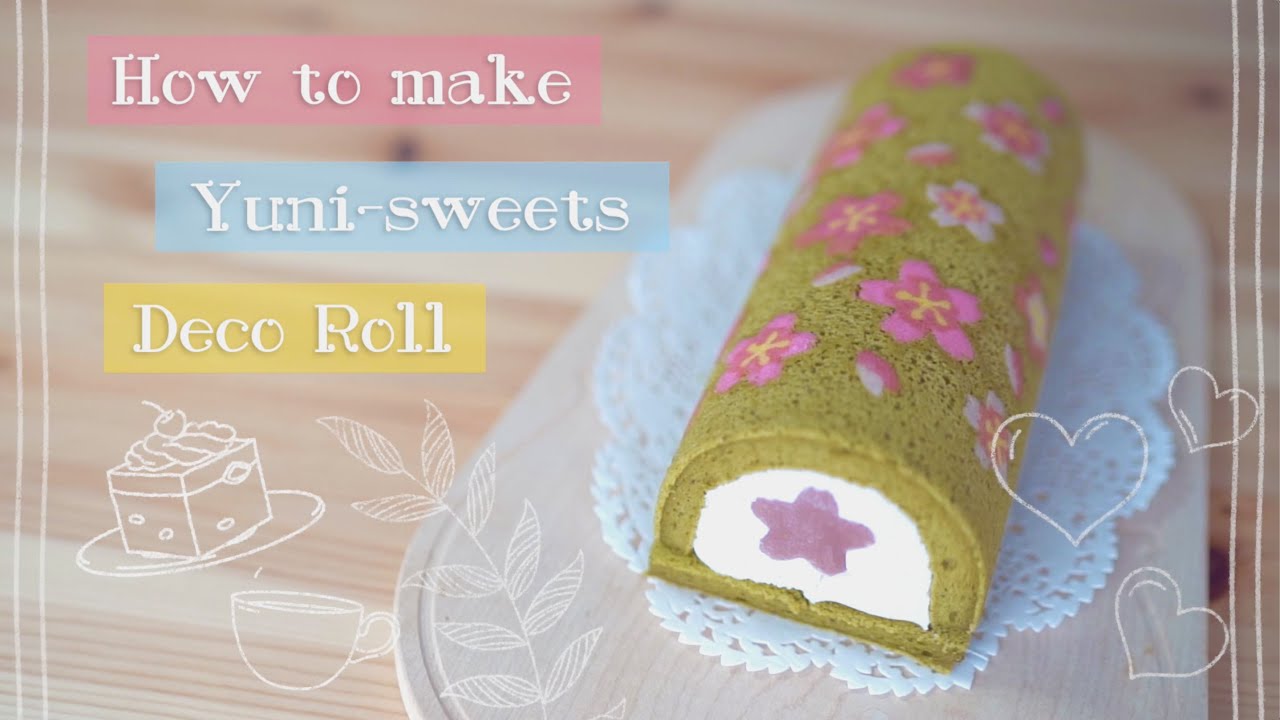 How to make sakura design matcha deco roll cake! | yunisweets Deco Roll