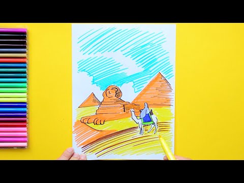 How to draw Great Sphinx and Pyramids, Egypt