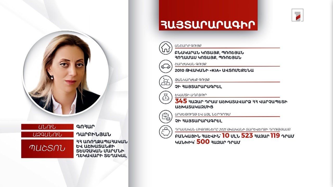 2 անշարժ գույք, ավտոմեքենա, 11 մլն դրամ. ԱԱՏՄ ղեկավարի տեղակալ Գոհար Դարբինյանի հայտարարագիրը