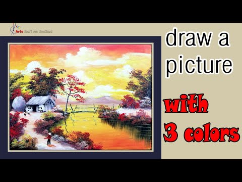 A rural landscape painting limited by 4 colors, creating a picture with an impressive hot color.