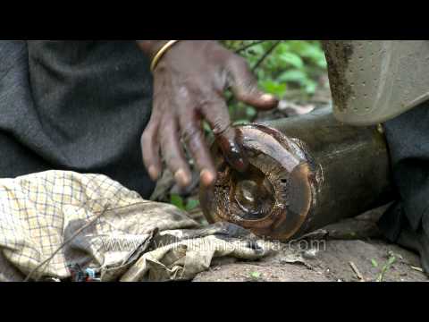 Applying pesticide on bamboo used to build a tree house, to protect it from termites