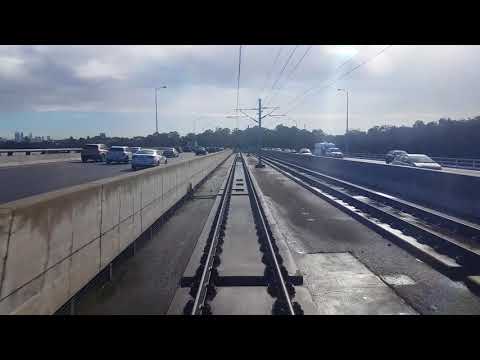 Transperth B series EMU cab view approaching Perth city across Mt Henry bridge.