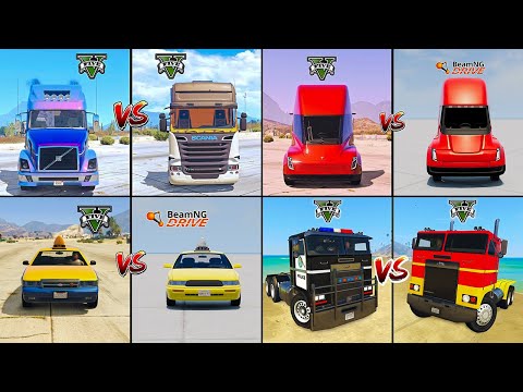 VOLVO TRUCK VS TESLA VS TAXI VS POLICE HAULER IN GTA 5 VS TEARDOWN VS BEAMNG -WHICH IS BEST ?