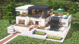 Minecraft: How To Build a Modern House with Pool Waterfall(#25) | 마인크래프트 건축, 모던하우스, 인테리어
