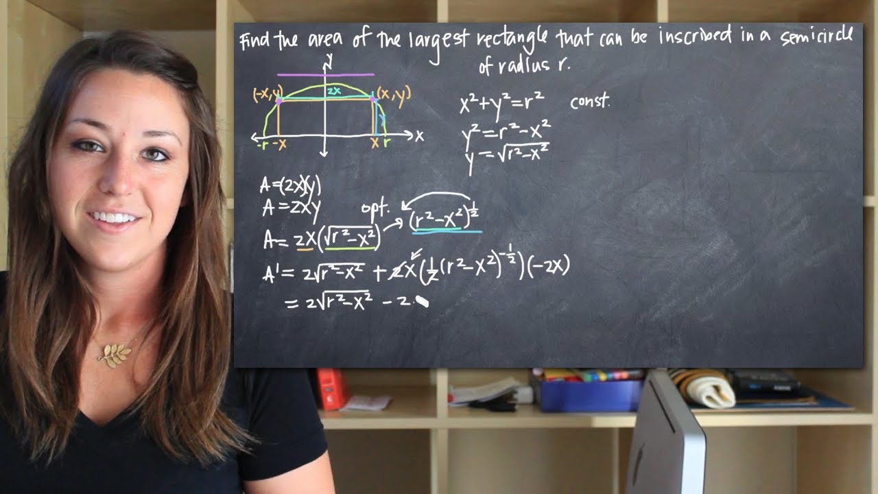 Largest area of a rectangle inscribed in a semicircle (KristaKingMath)
