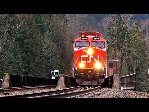 CN And CP Freight Trains Crossing Long Interlocking Bridge Over The Harrison River
