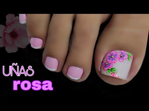 DISEÑO de UÑAS CON FLORES/UÑAS decoradas tono ROSA/Nail art.