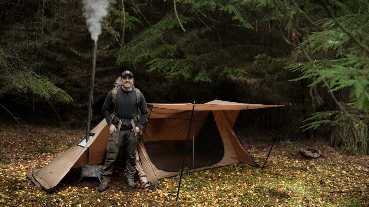 Camping in Dark Forest with Woodstove & Hot Tent