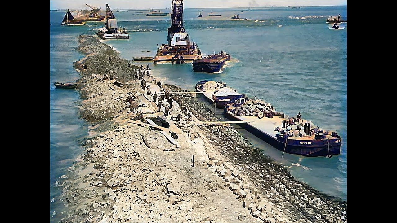 The spectacular construction of the Dutch Afsluitdijk in 1929 in color! [AI enhanced & colorized].