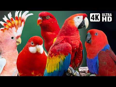 MAGICAL RED PARROTS 🦜BIRDS CHIRPING SOUNDS 🦜 ULTIMATE RELAXATION & STRESS RELIEF | NATURE SOUNDS 4K