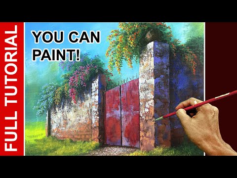 Step by Step TUTORIAL: Acrylic Landscape Painting / Red Gate with Flowers / JMLisondra
