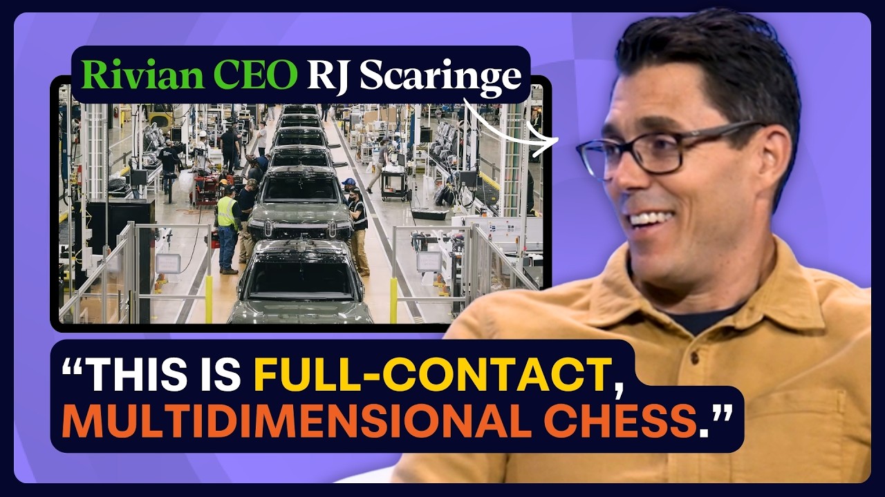 Rivian founder RJ Scaringe speaking on stage during a Masters of Scale interview