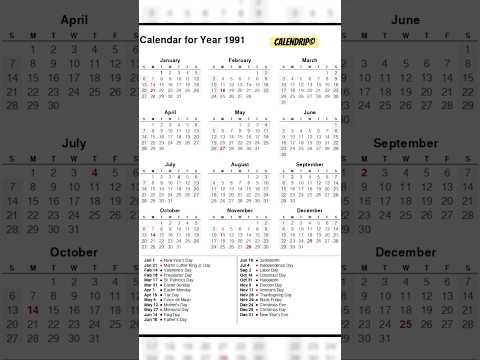 Calendar 1991 #monthsoftheyear