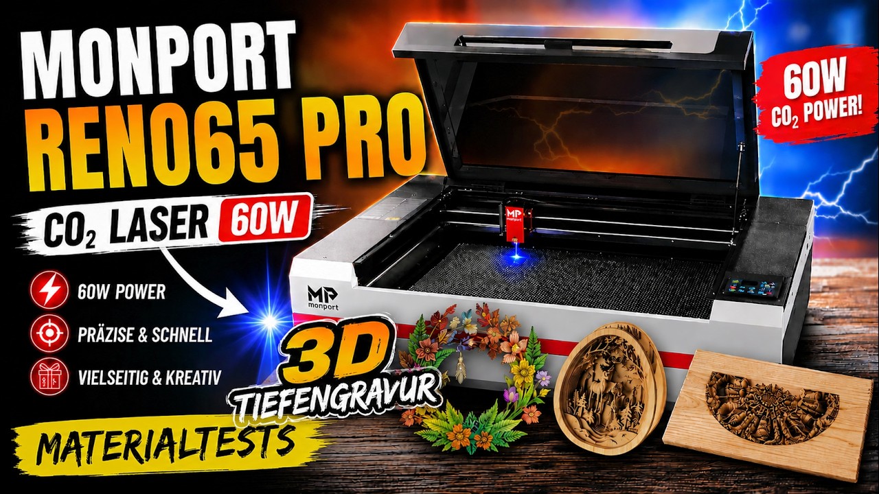 3D + Materialtests: Monport Reno65 PRO 65W Desktop CO2 Laser Engraver & Cutter