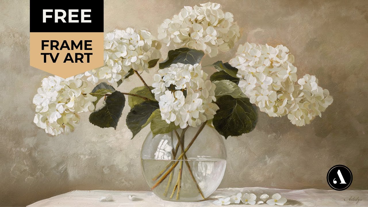 Free Vintage Frame TV Art White Hydrangea Still Life Tv Screensaver Wallpaper Floral Oil Painting