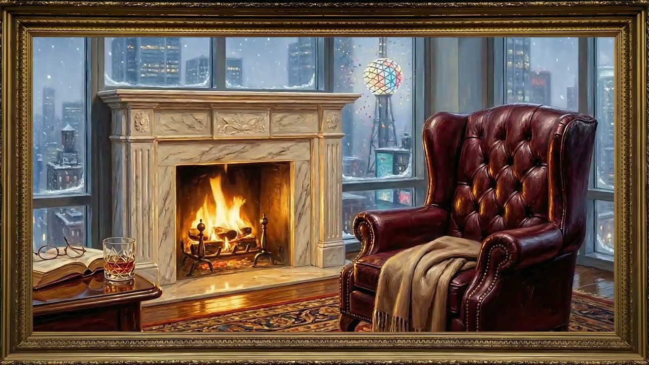 Times Square Ball Drop Fireplace Gold Frame TV | 2 Hrs 4K — 4K ambient art screensaver in baroque gold frame