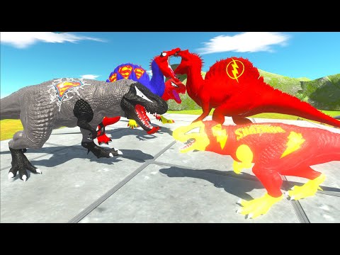 2x SUPERMAN T-REX vs FLASH SPINO vs BRAINIAC BRACHIO DEATH CLIMB - Animal Revolt Battle Simulator