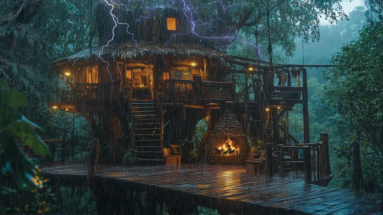 Stunning Treehouse in a Tropical Rainforest 🌳| Relaxing Thunderstorm Sounds on a Cool Summer Night