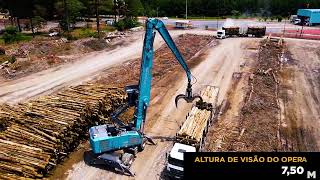 Manipulador Fuchs MHL375F movimentando madeira Manipulador Fuchs MHL375F movimentando madeira