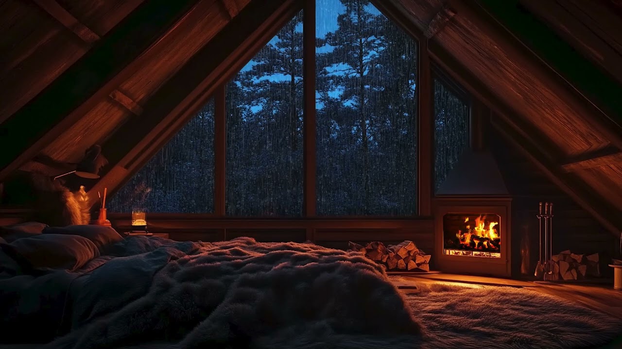 Snuggle In A Cozy Attic In Night: Fireplace Crackle And Soft Rain Sounds for Deep Sleep & Relaxation