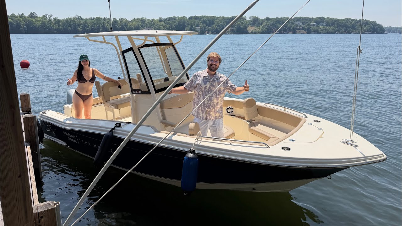Scout 215 XSF electric center console boat on Lake Gaston
