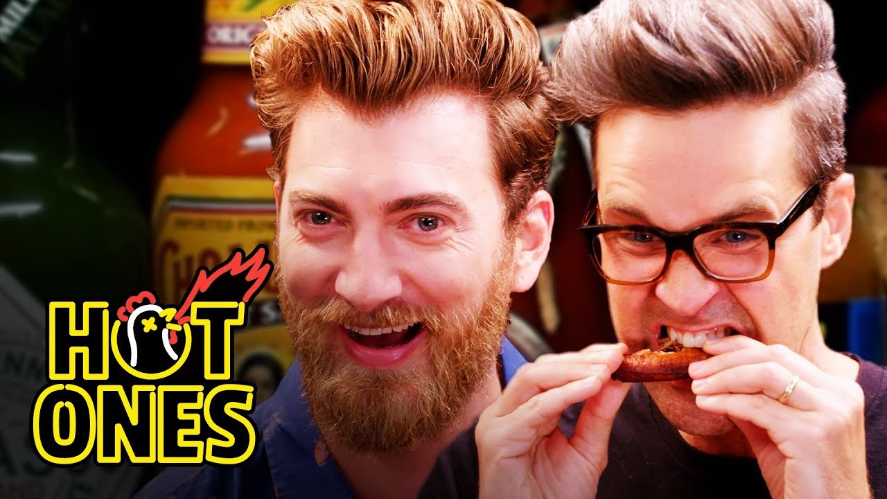Rhett & Link Hiccup Uncontrollably While Eating Spicy Wings | Hot Ones