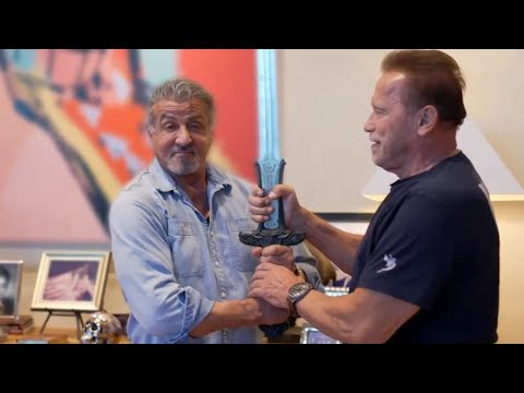 Sylvester Stallone Holds Arnold's Conan Sword!
