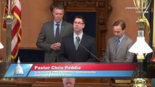 Sen. Proos welcomes Pastor Chris Peddie to deliver invocation to the Senate.