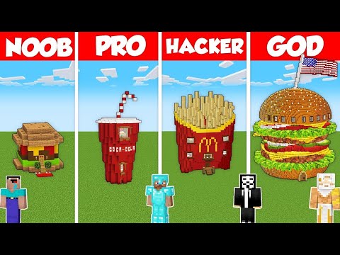 FAST FOOD BASE HOUSE BUILD CHALLENGE - Minecraft Battle: NOOB vs PRO vs HACKER vs GOD / Animation