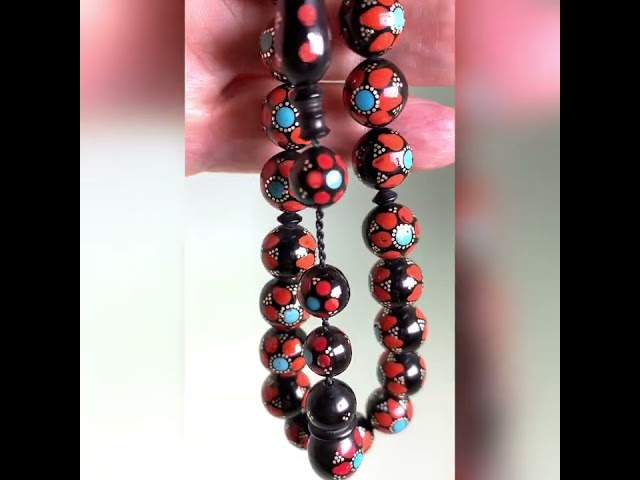قوافل سبحة خشب كوك مشغول بالفضة والفيروز و مرجان KW0056