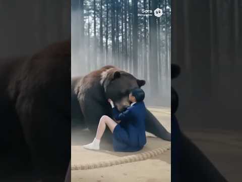 日本の制服姿の女子高生がクマと相撲を取る