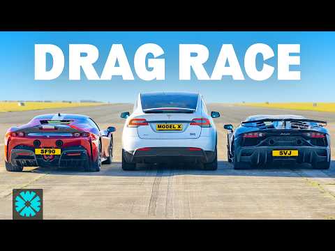 Tesla v Ferrari v Lamborghini 1/4 MILE RACE - Model X Plaid v SF90 v Aventador SVJ